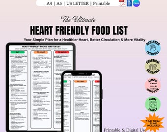 Lista de compras para el corazón, plan de comidas cardiosaludable de 7 días / Presión arterial baja, colesterol bajo, energía alta / Receta fácil para el corazón