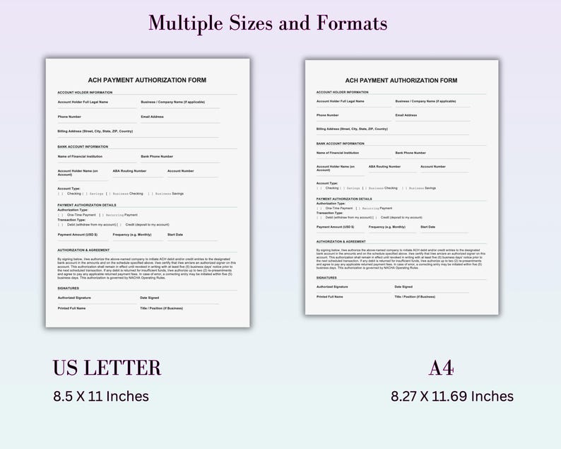 ACH Authorization Form Template Editable | ACH Debit Authorization ...