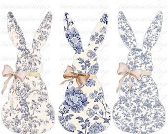 Blue Floral Toile Easter Bunny png, Vintage Blue Grand Millennial Easter Png, Floral Chinoiserie Bunny Png, Easter Design Coquette.