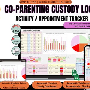 May include: A digital co-parenting custody log displayed on a computer monitor, tablet, and smartphone. The spreadsheet includes activity and appointment tracking, with charts and graphs. Text includes "Activity / Appointment Tracker" and "2025 Monthly Activity".