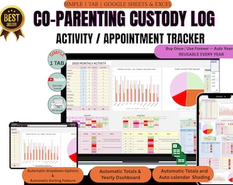 May include: A digital co-parenting custody log displayed on a computer monitor, tablet, and smartphone. The spreadsheet includes activity and appointment tracking, with charts and graphs. Text includes "Activity / Appointment Tracker" and "2025 Monthly Activity".