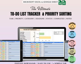 Tracker definitivo per le liste di cose da fare / Planner di produttività / Ordinamento delle priorità / Planner di Fogli Google, dashboard dei progressi e organizzatore di attività digitale