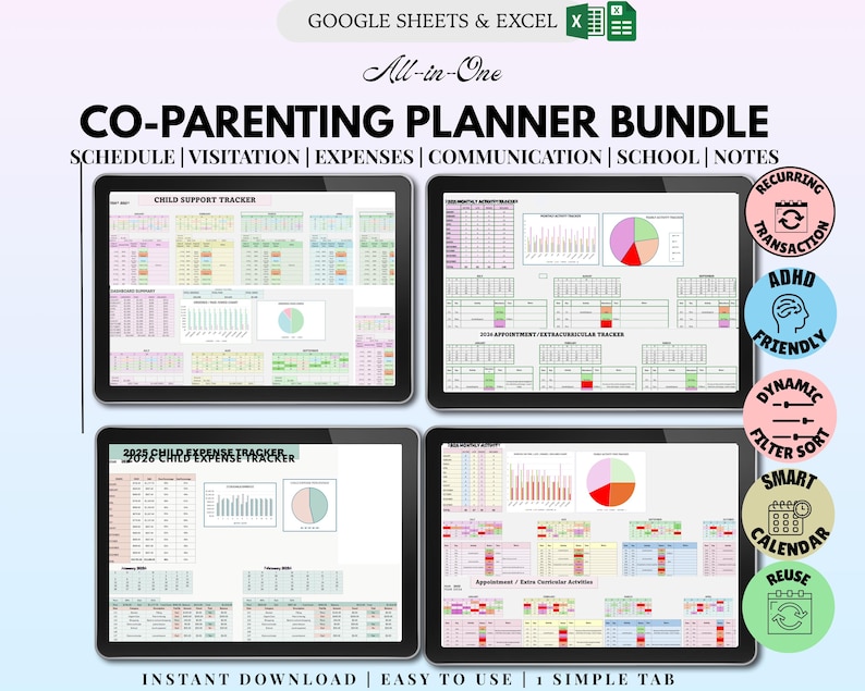 Co-Parenting Documentation Bundle | Custody Calendar, Child Support & Expense Tracker | Visitation Log and Parenting Time Planner image 1
