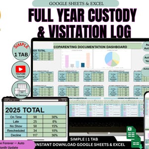 May include: A digital custody and visitation log displayed on a laptop, tablet, and smartphone. The interface includes charts, graphs, and data tables. Text includes "Full Year Custody & Visitation Log" and "Instant Download Google Sheets & Excel."