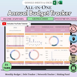 May include: An all-in-one annual budget tracker for Google Sheets and Excel displayed on a laptop screen. The dashboard features 21 tabs, income and expense charts, savings and debt trackers, and a YouTube tutorial link. Includes recurring transaction, ADHD friendly, dynamic filter, smart calendar, and yearly reuse icons.