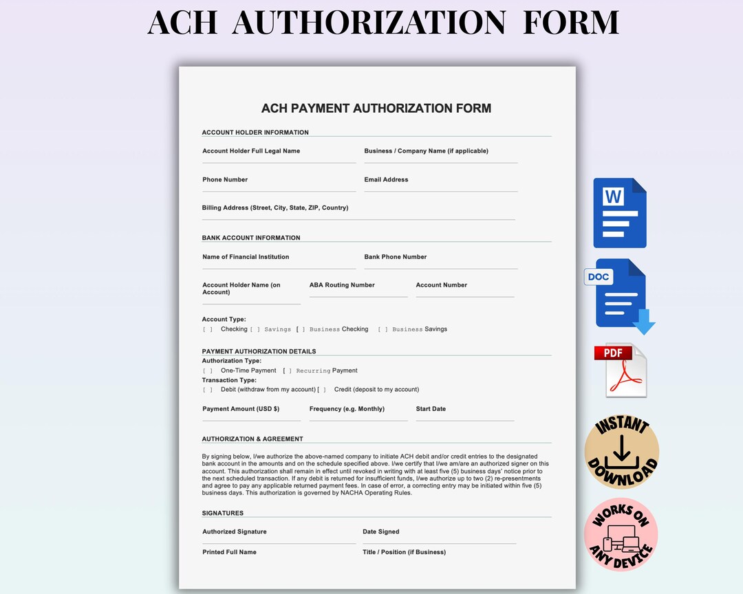 Ah Form.pdf ACH Authorization Form Template Editable | ACH Debit Authorization ...