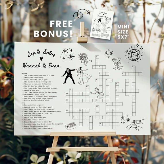 Hand Drawn Wedding Crossword Sip And Solve Puzzle, Wedding Guest Games, Whimsical Wedding, Bridal Shower Crossword, Giant Crossword Welcome