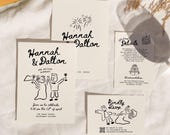 Wedding Suite Hand Drawn Template, Scribble Illustrations Handwritten Wedding Invitation RSVP, Unique Cute Illustrated Wedding Invites