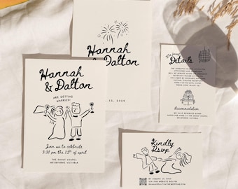 Wedding Suite Hand Drawn Template, Scribble Illustrations Handwritten Wedding Invitation RSVP, Unique Cute Illustrated Wedding Invites