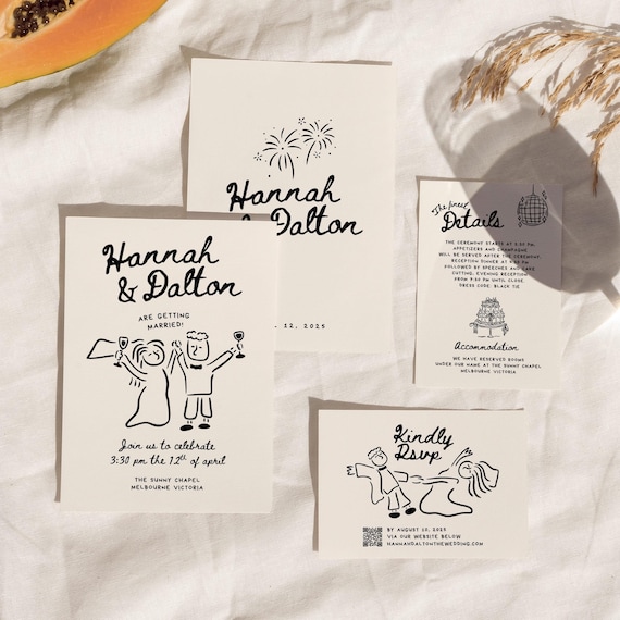 Wedding Suite Hand Drawn Template, Scribble Illustrations Handwritten Wedding Invitation RSVP, Unique Cute Illustrated Wedding Invites