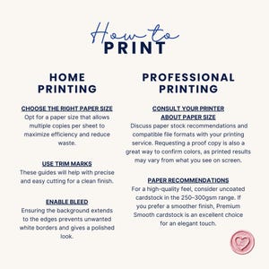 May include: A cream-colored graphic with the text "How to PRINT" at the top. The left side details "HOME PRINTING" with tips on paper size, trim marks, and bleed. The right side covers "PROFESSIONAL PRINTING" with advice on paper stock and printer consultation.