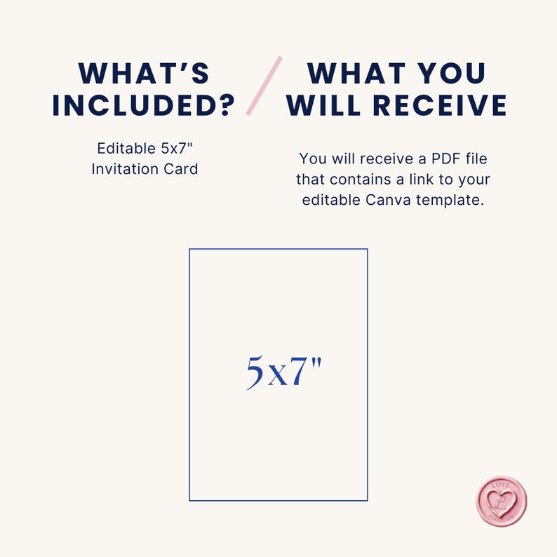 Pode incluir: Um download digital para um modelo de cart&atilde;o de convite edit&aacute;vel de 5x7 polegadas. A imagem mostra um ret&acirc;ngulo branco com o texto "5x7" dentro. O texto "WHAT'S INCLUDED?" e "WHAT YOU WILL RECEIVE" est&aacute; na parte superior da imagem.