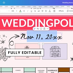 K&ouml;nnte beinhalten: Digitale Designoberfl&auml;che mit dem Text "WEDDINGPOL" in einem roten Banner. Das Datum "Nov 11, 20xx" wird in einem blauen Feld angezeigt. Die Worte "FULLY EDITABLE" stehen in einem wei&szlig;en Feld. Das Design enth&auml;lt Illustrationen und Symbole.