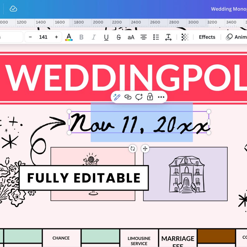 K&ouml;nnte beinhalten: Digitale Designoberfl&auml;che mit dem Text "WEDDINGPOL" in einem roten Banner. Das Datum "Nov 11, 20xx" wird in einem blauen Feld angezeigt. Die Worte "FULLY EDITABLE" stehen in einem wei&szlig;en Feld. Das Design enth&auml;lt Illustrationen und Symbole.