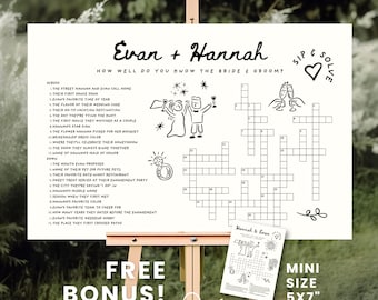 May include: A white wedding crossword puzzle on an easel, with the names "Evan + Hannah" at the top. The puzzle includes clues about the couple. A smaller 5x7" version is included as a free bonus.