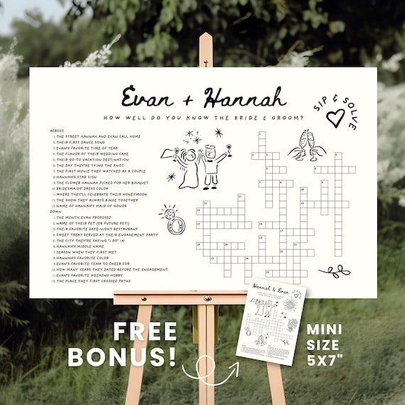 Hand Drawn Wedding Crossword Sip and Solve Puzzle, Wedding Guest Games,  Whimsical Wedding, Bridal Shower Crossword, Giant Crossword Welcome - Etsy