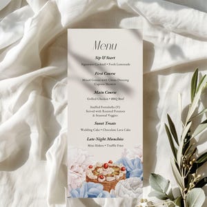 Hochzeitsmenü handgezeichnet, Menüvorlage Hochzeit, Wunderliche ästhetische handgeschriebene Menüvorlage, Menü Dankeskarte, W009