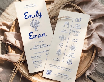 May include: Two cream-colored wedding program cards with blue ink text and illustrations. The left card lists the couple's names, Emily and Evan, and the wedding party. The right card features a timeline of events with icons and a QR code.