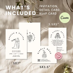May include: A collection of white wedding stationery, including invitations, detail cards, and RSVP cards. The designs feature minimalist line art of a couple, flowers, and a cake. The cards are various sizes, including 5x7 inches and 5x3.5 inches.