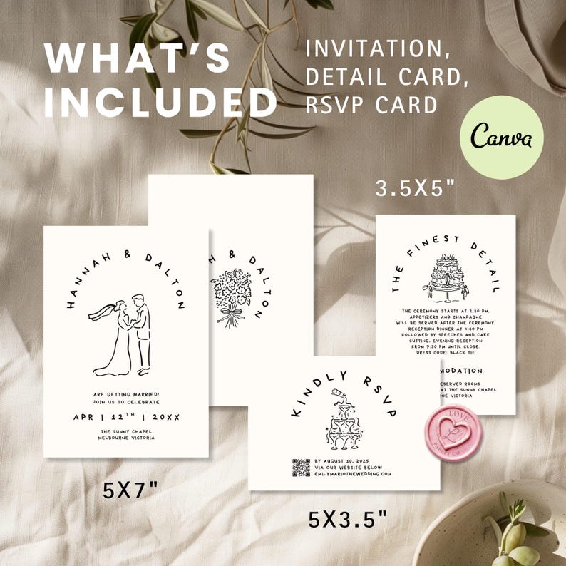 May include: A collection of white wedding stationery, including invitations, detail cards, and RSVP cards. The designs feature minimalist line art of a couple, flowers, and a cake. The cards are various sizes, including 5x7 inches and 5x3.5 inches.