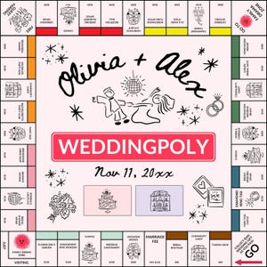 K&ouml;nnte beinhalten: Ein individuelles Brettspiel zum Thema Hochzeit mit dem Titel "WEDDINGPOLY" mit den Namen "Olivia + Alex" und dem Datum "11. Nov. 20xx". Das Spielbrett zeigt hochzeitsbezogene Felder, Illustrationen und ein tanzendes Paar.