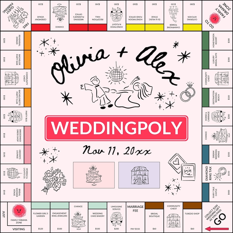 K&ouml;nnte beinhalten: Ein individuelles Brettspiel zum Thema Hochzeit mit dem Titel "WEDDINGPOLY" mit den Namen "Olivia + Alex" und dem Datum "11. Nov. 20xx". Das Spielbrett zeigt hochzeitsbezogene Felder, Illustrationen und ein tanzendes Paar.