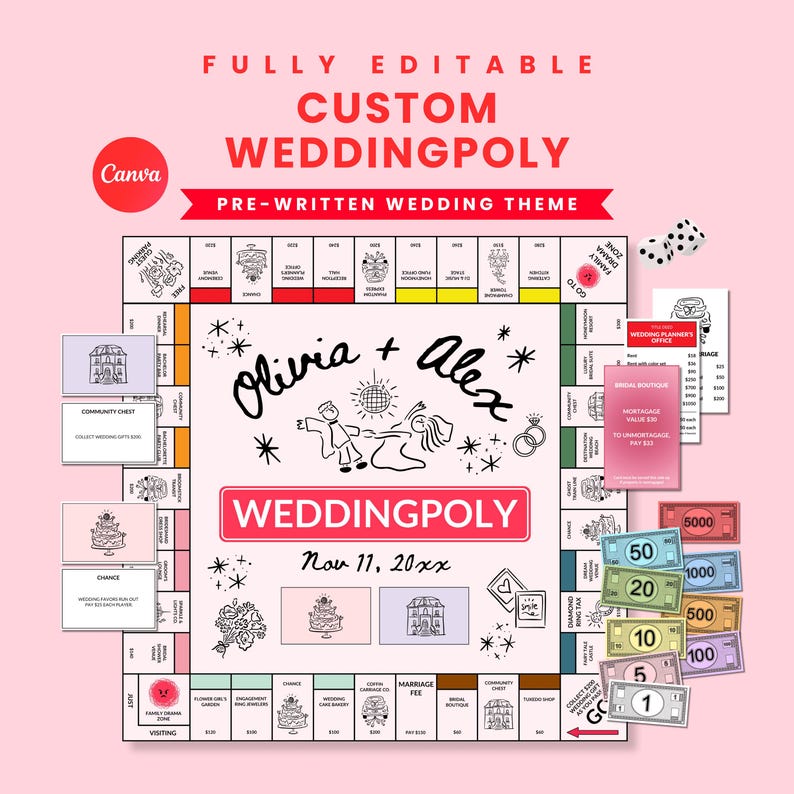 K&ouml;nnte beinhalten: Ein individuelles Weddingpoly-Brettspiel mit rosa Hintergrund. Das Brettspiel zeigt die Namen "Olivia + Alex" und das Datum "Nov 11, 20xx". Enth&auml;lt W&uuml;rfel, Spielgeld und Karten. Das Spiel ist vollst&auml;ndig editierbar.