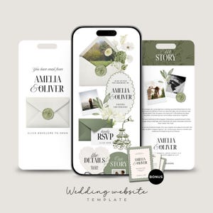 May include: A digital wedding website template displayed on a smartphone screen, featuring elegant typography, floral illustrations, and interactive elements like envelopes, RSVP buttons, and photo frames with the names Amelia and Oliver.