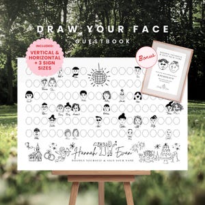 Op de afbeelding: Een wit gastenboek met de tekst "DRAW YOUR FACE GUESTBOOK" en "Hannah & Evan" in het zwart. Het gastenboek bevat ruimtes voor gasten om hun gezichten te tekenen en hun namen te ondertekenen. Een bonus ingelijst bord is inbegrepen.