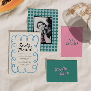 Paquete de tarjetas de invitación de boda manuscritas, boda ilustrada, tarjeta de invitación de boda artística, boda retro divertida y colorida, tarjeta RSVP, W004