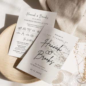 May include: Two white wedding programme cards with black text. The top card reads Welcome to the Wedding of Hannah & Brooks, 11.11.20XX, and The Wren Estate, 415 Madison Ave, New York. The second card lists the ceremony timeline and wedding party names.