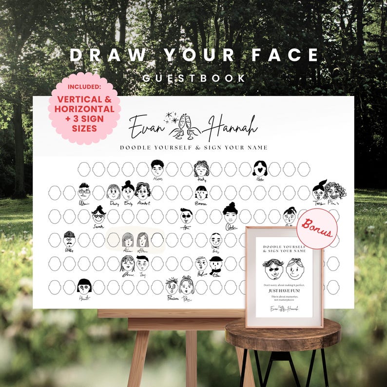 May include: A white guestbook with the text "Draw Your Face Guestbook" and the names "Evan & Hannah". The guestbook includes spaces for doodles and signatures. A framed bonus print is also included.