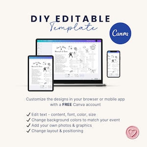 May include: A digital DIY editable template displayed on a laptop, tablet, and smartphone. The template includes a crossword puzzle and text that can be customized. The Canva logo is visible. Text on the image says "Customize the designs in your browser or mobile app with a FREE Canva account."
