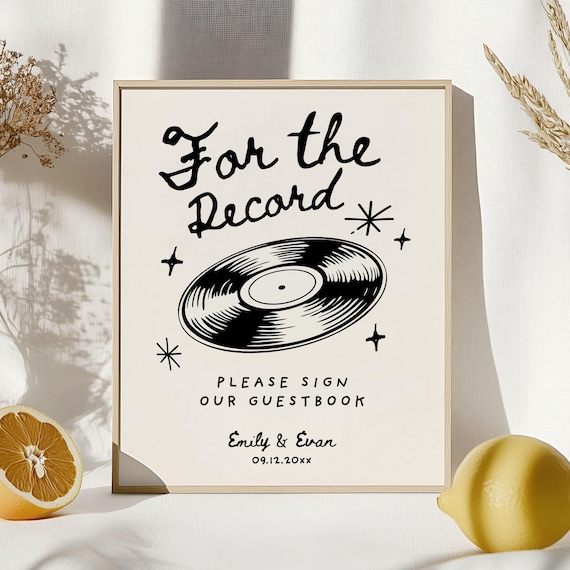 Record Wedding Guestbook, Whimsical Record Guest Book, For The Record Sign, Wedding Table Sign, Hand Drawn Wedding, Sign Our Guest Book W35