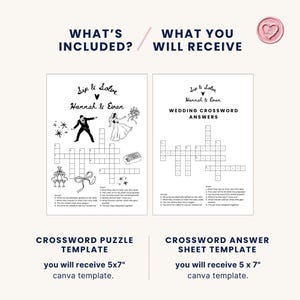 May include: A wedding-themed digital template set featuring a crossword puzzle and answer sheet. The black and white designs include illustrations of a bride and groom, champagne glasses, and a bow. The templates are 5x7 inches.