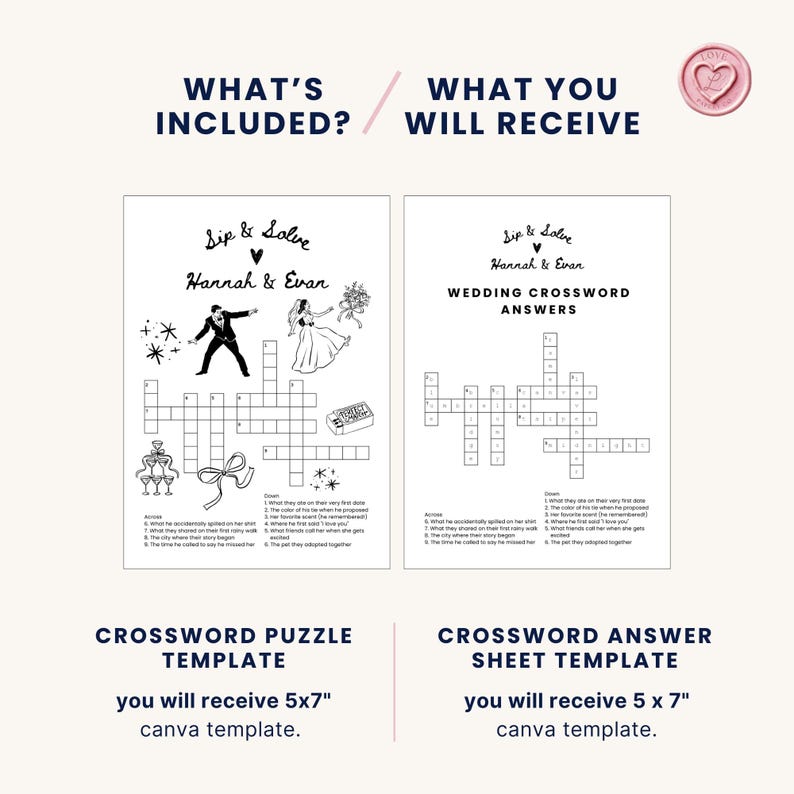 May include: A wedding-themed digital template set featuring a crossword puzzle and answer sheet. The black and white designs include illustrations of a bride and groom, champagne glasses, and a bow. The templates are 5x7 inches.