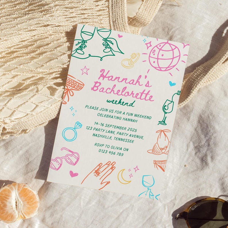 Convites caprichosos para despedida de solteira, modelo de itinerário para fim de semana de despedida de solteira, convite digital para despedida de solteira, festa de despedida de solteira, convite desenhado à mão imagem 2