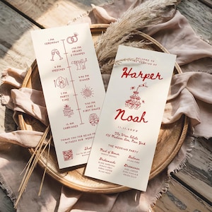 May include: Two cream-coloured wedding programme cards with red text and line art illustrations. One card displays a timeline of events from 1 PM to 12 AM. The other card features the names Harper and Noah, the date 11.11.20XX, and the wedding party list.