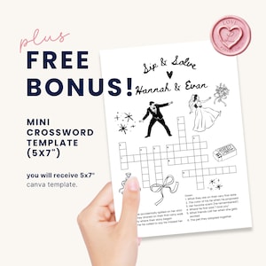 May include: A white mini crossword template (5x7 inches) with the text "Sip & Solve Hannah & Evan". The template includes illustrations of a bride and groom, a bow, and other wedding-themed graphics. The words "plus FREE BONUS!" are also visible.