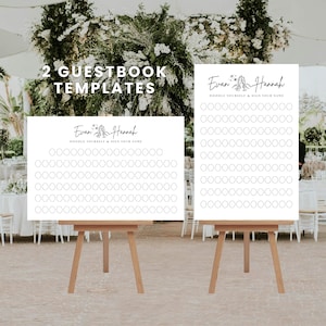 May include: Two white guestbook templates on wooden easels. Each template features a grid of circles for doodles and signatures, with the names "Evan & Hannah" at the top. The text "2 Guestbook Templates" is at the top. The background includes floral decorations.