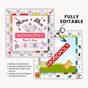 K&ouml;nnte beinhalten: Ein individuelles Hochzeitsbrettspiel-Design mit dem Text "Olivia + Alex" und "WEDDINGPOLY" auf rosa Hintergrund. Das Spielbrett zeigt Illustrationen und das Datum "Nov 11, 20xx". Das Bild enth&auml;lt auch das Wort "MONOPOLY".