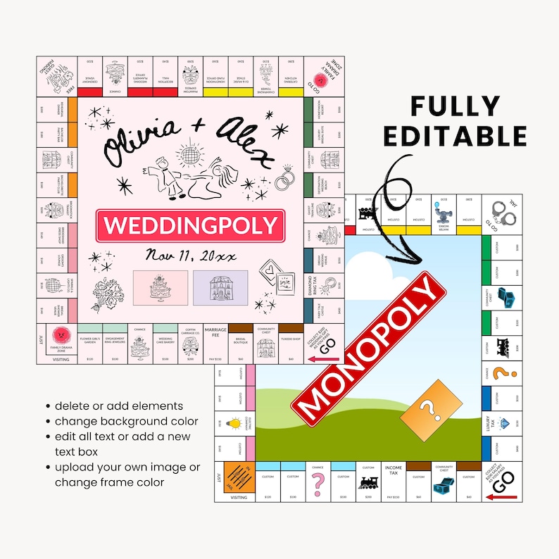 K&ouml;nnte beinhalten: Ein individuelles Hochzeitsbrettspiel-Design mit dem Text "Olivia + Alex" und "WEDDINGPOLY" auf rosa Hintergrund. Das Spielbrett zeigt Illustrationen und das Datum "Nov 11, 20xx". Das Bild enth&auml;lt auch das Wort "MONOPOLY".