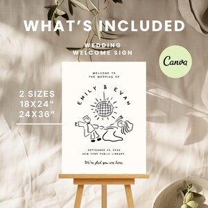 May include: A wedding welcome sign with the text "What's Included" and "Wedding Welcome Sign". The sign features a black and white illustration of a couple dancing, with the names "Emily & Evan". Available in 18x24 inch and 24x36 inch sizes.