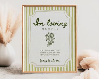 In Loving Memory Wedding Sign, Sage Green Whimsical Wedding (Editable Canva) HP01)