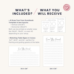 May include: A wedding guestbook template with two layouts: vertical (24x36 inches) and horizontal (36x24 inches). Matching table signs are available in 5x7, 8x10, and A4 sizes. The design includes the text "Evan & Hannah" and "Doodle Yourself & Sign Your Name."