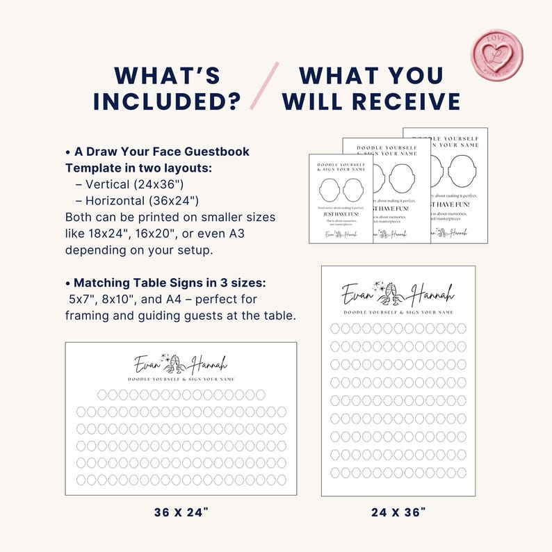 May include: A wedding guestbook template with two layouts: vertical (24x36 inches) and horizontal (36x24 inches). Matching table signs are available in 5x7, 8x10, and A4 sizes. The design includes the text "Evan & Hannah" and "Doodle Yourself & Sign Your Name."