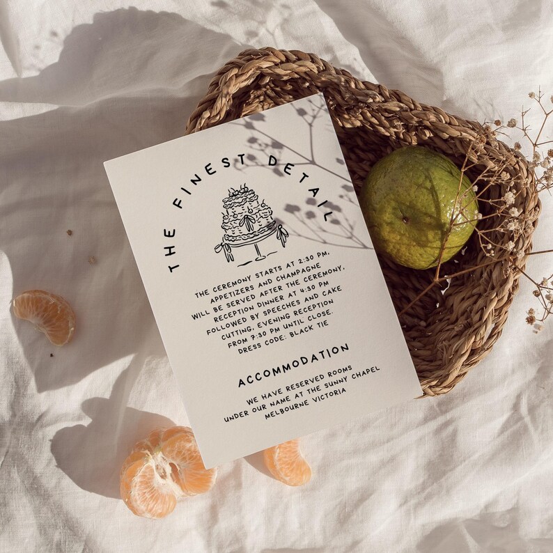 May include: A wedding invitation with the text "The Finest Detail" and event details, including the ceremony time, reception, and dress code. The invitation is in a woven basket with a green fruit and orange slices.