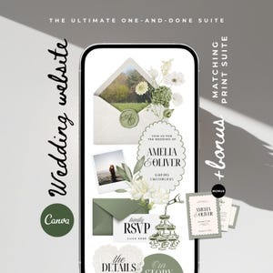 Op de afbeelding: Een digitaal trouwpakketontwerp weergegeven op een smartphonescherm. Het ontwerp bevat een uitnodiging, een RSVP-kaart en website-elementen. Het kleurenpalet bevat witte, groene en neutrale tinten, met de tekst "Wedding website" en "Canva".