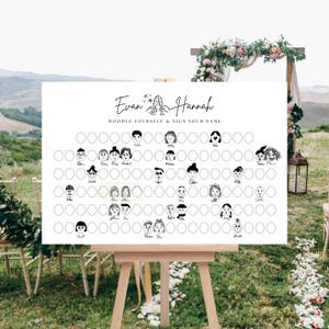 May include: A white wedding guest book alternative on an easel. The sign reads "Evan & Hannah" with the text "Doodle Yourself & Sign Your Name". The sign has a grid of blank circles with doodle illustrations of faces.