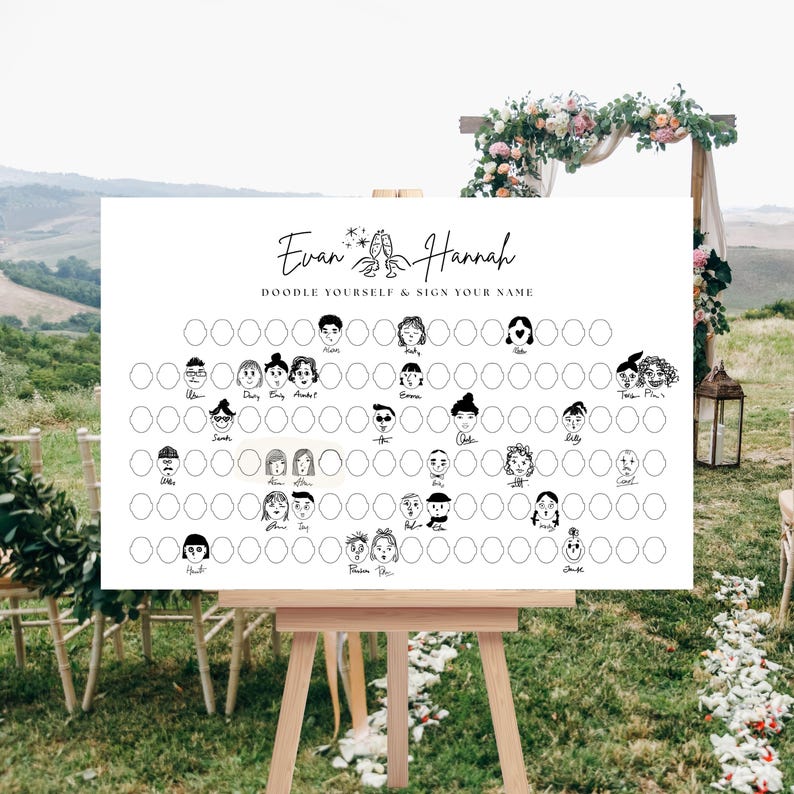 May include: A white wedding guest book alternative on an easel. The sign reads "Evan & Hannah" with the text "Doodle Yourself & Sign Your Name". The sign has a grid of blank circles with doodle illustrations of faces.